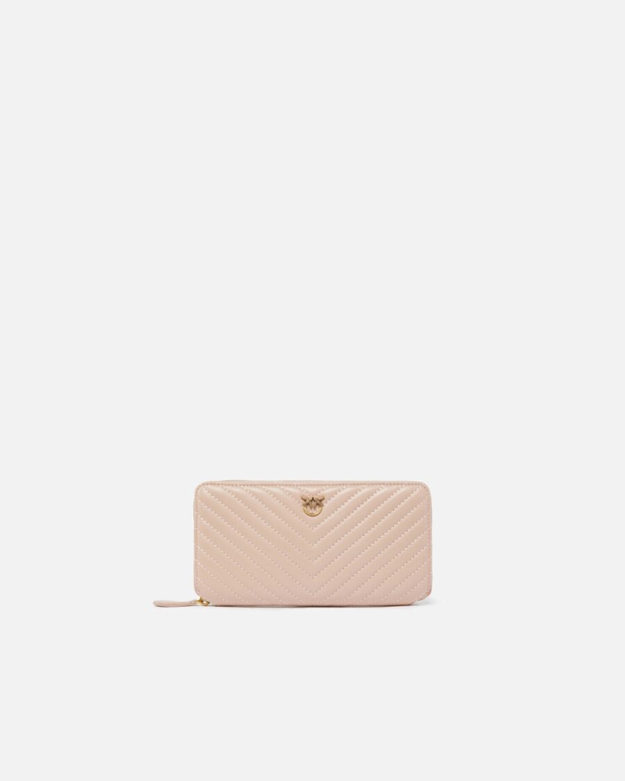 Zip-around wallet in chevron-patterned nappa leather cipria e antique gold