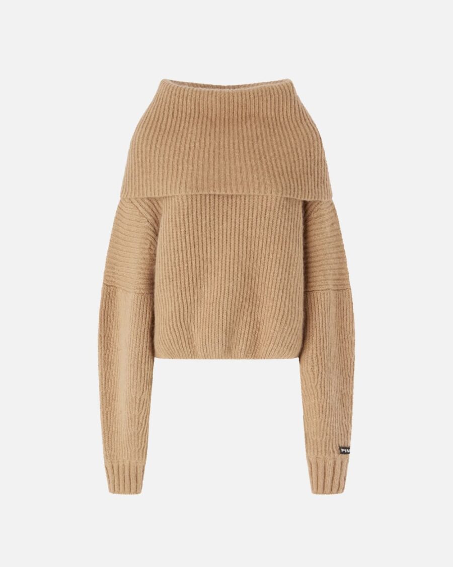 Pullover a coste con collo ampio risvoltato beige  e  asinello