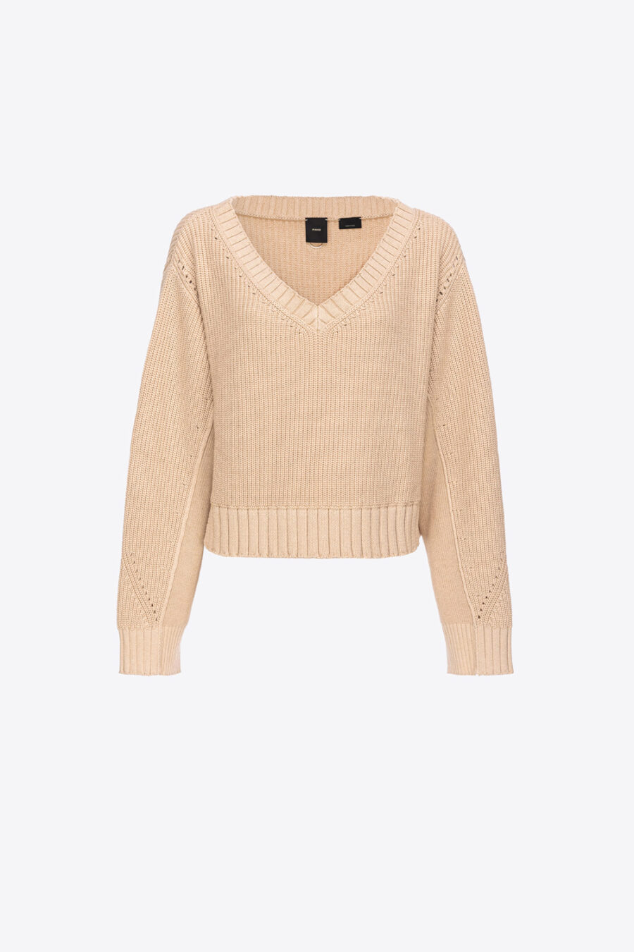 Pullover a coste in cotone e cachemire beige e pelle daino