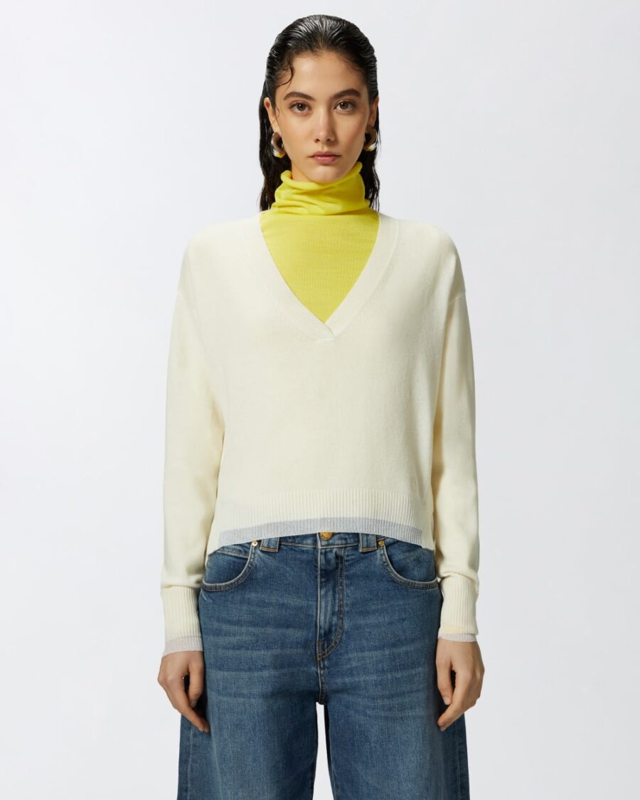 Pullover bianco misto cachemire scollo a V bianco purezza