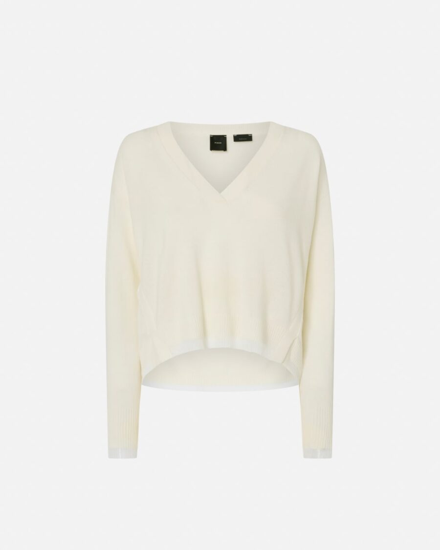 Pullover bianco misto cachemire scollo a V bianco purezza
