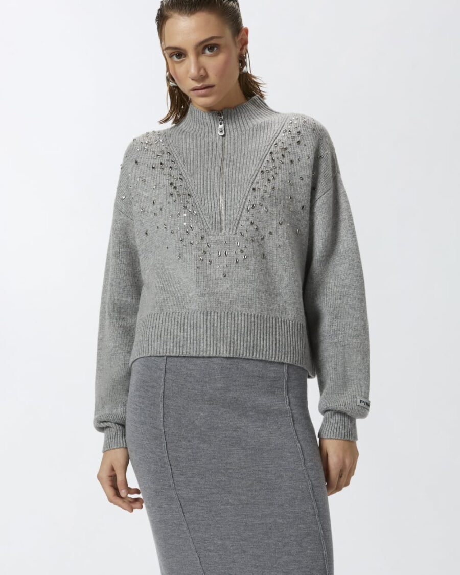 Pullover con zip e cristalli davanti argento e metallizzato