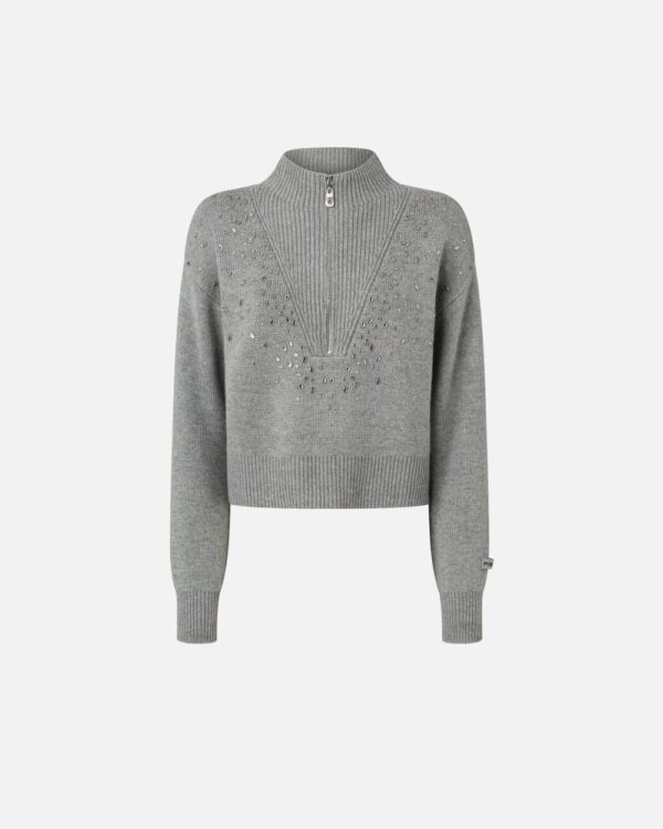 Pullover con zip e cristalli davanti argento e metallizzato