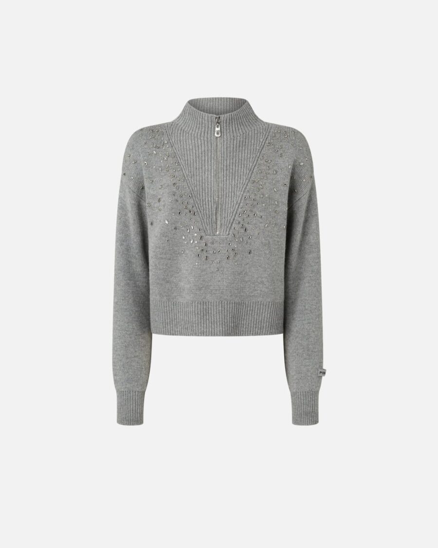 Pullover con zip e cristalli davanti argento e metallizzato