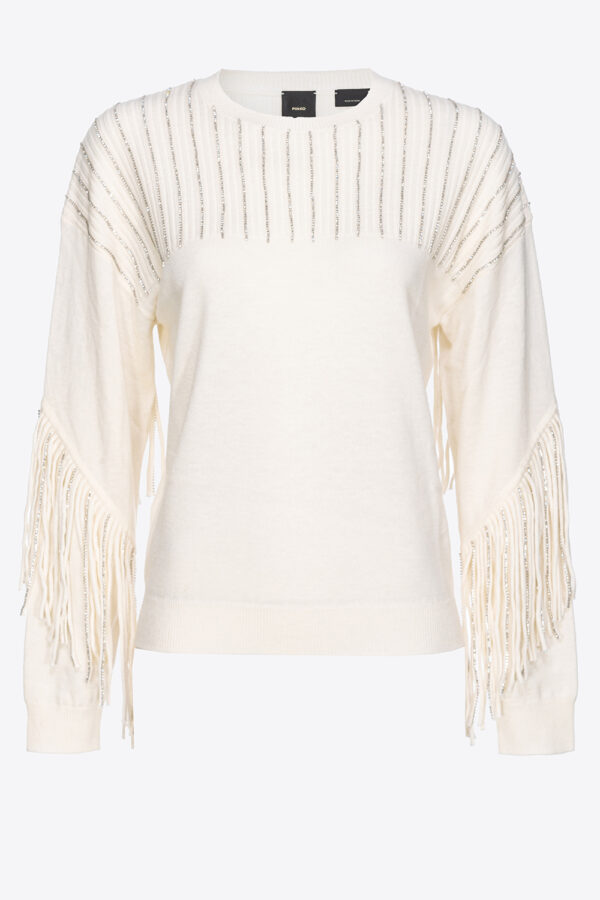 Pullover frange strass bianco latte