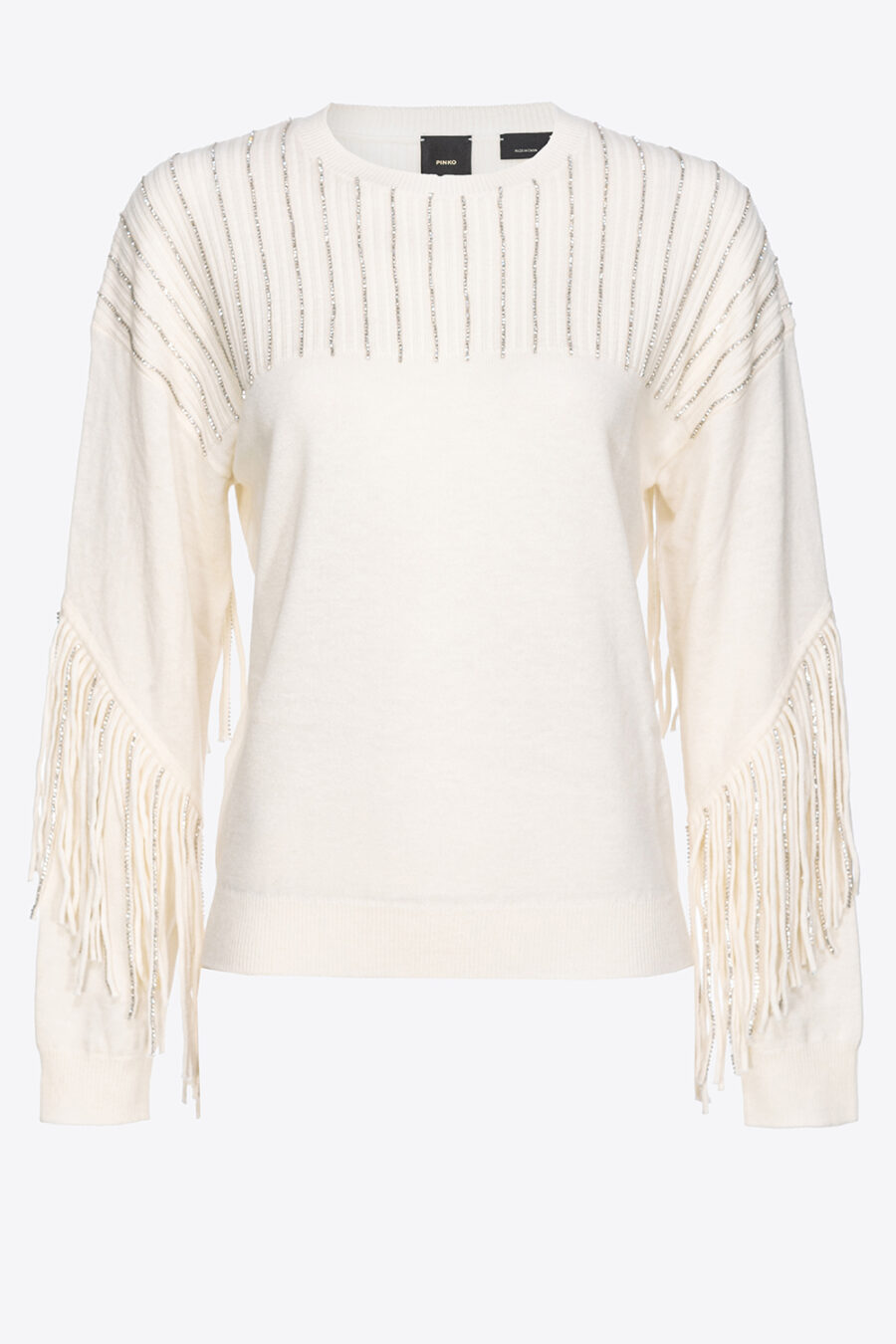 Pullover frange strass bianco latte