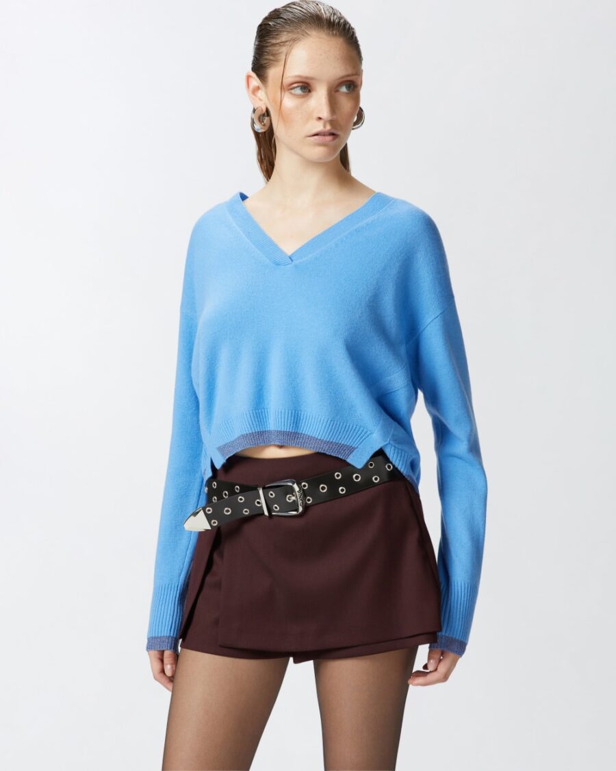 Pullover maglia misto cachemire con lurex azzurro e pervinca