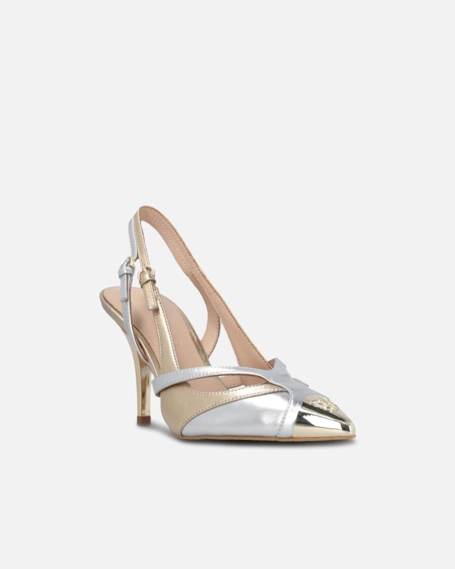 Scarpe décolleté laminate con tacco e punta in metallo - immagine 2