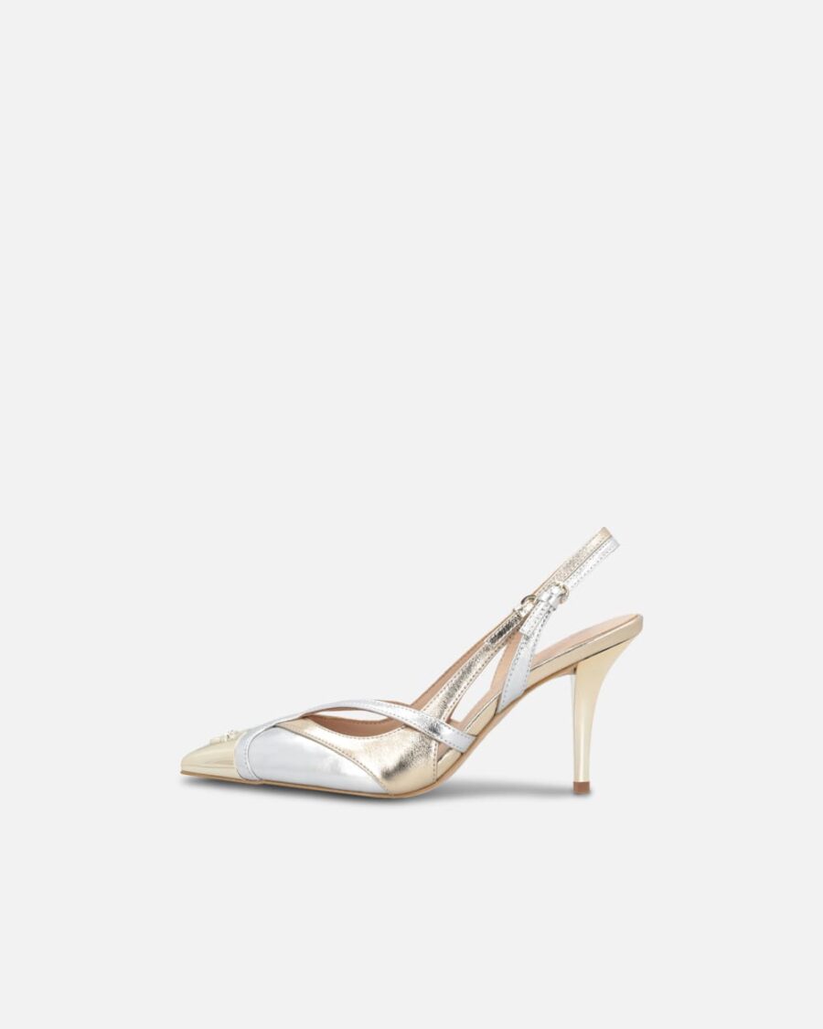 Scarpe décolleté laminate con tacco e punta in metallo - immagine 5