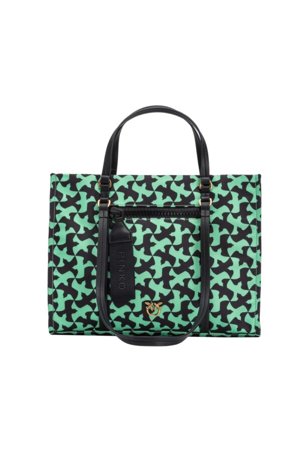 Shopper in tessuto nero e verde e antique gold