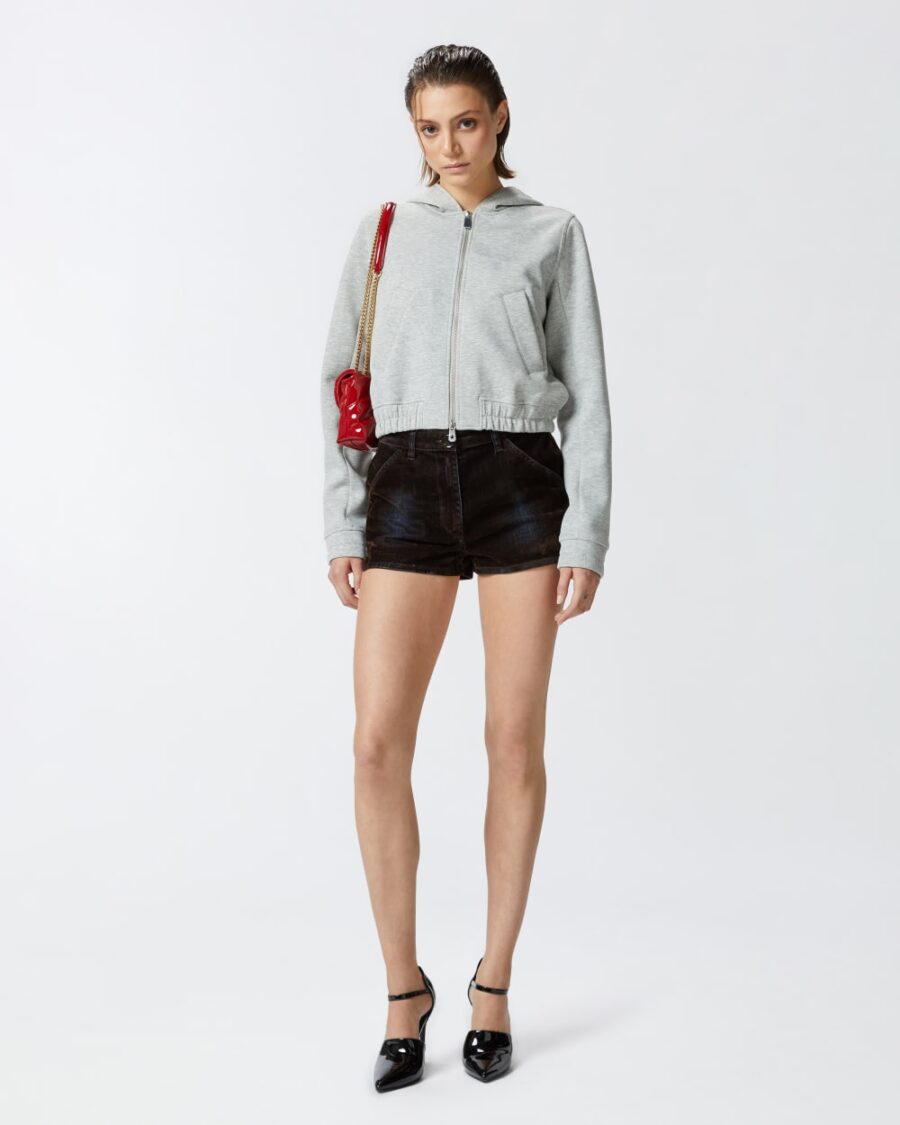Shorts aderenti in denim flock marrone e profondo
