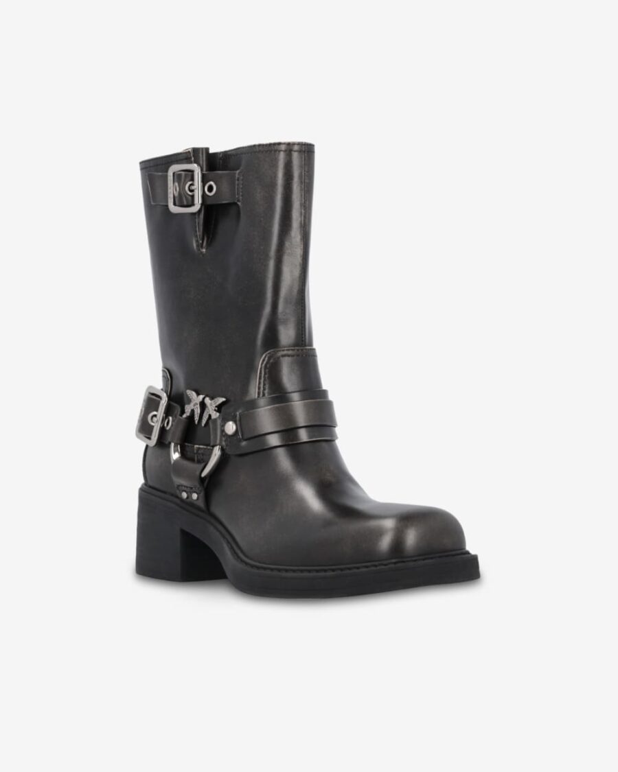 Calf-high leather biker boots with buckles - Image 2
