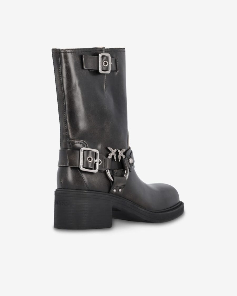 Calf-high leather biker boots with buckles - Image 3