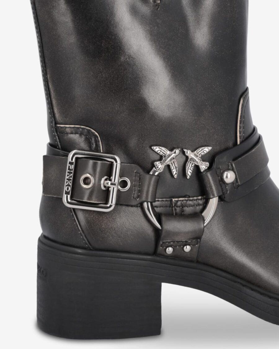 Calf-high leather biker boots with buckles - Image 4