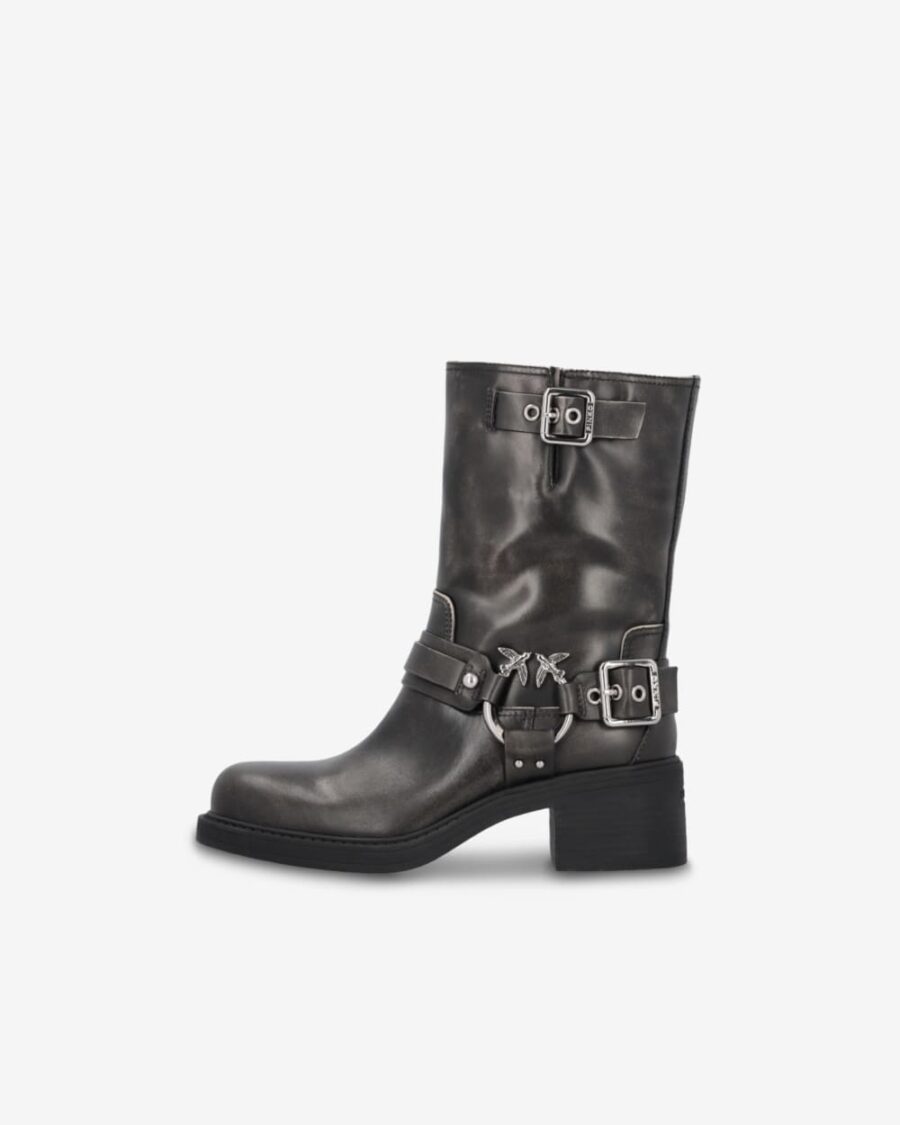 Calf-high leather biker boots with buckles - Image 5