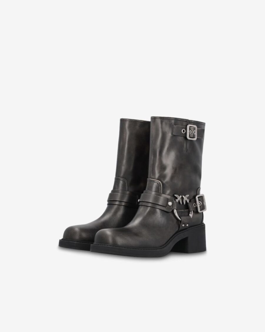 Calf-high leather biker boots with buckles - Image 6