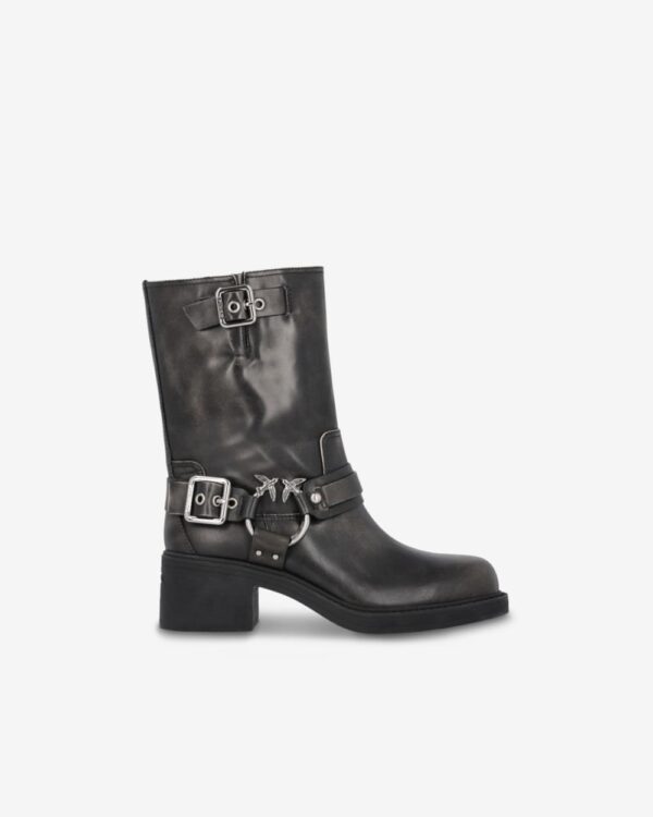 Calf-high leather biker boots with buckles nero limousine