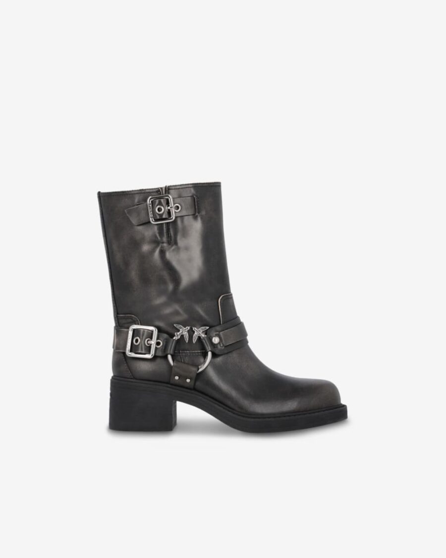 Calf-high leather biker boots with buckles nero limousine