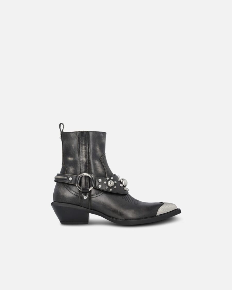 Texan-style ankle boots in brushed leather with metal toe nero limousine