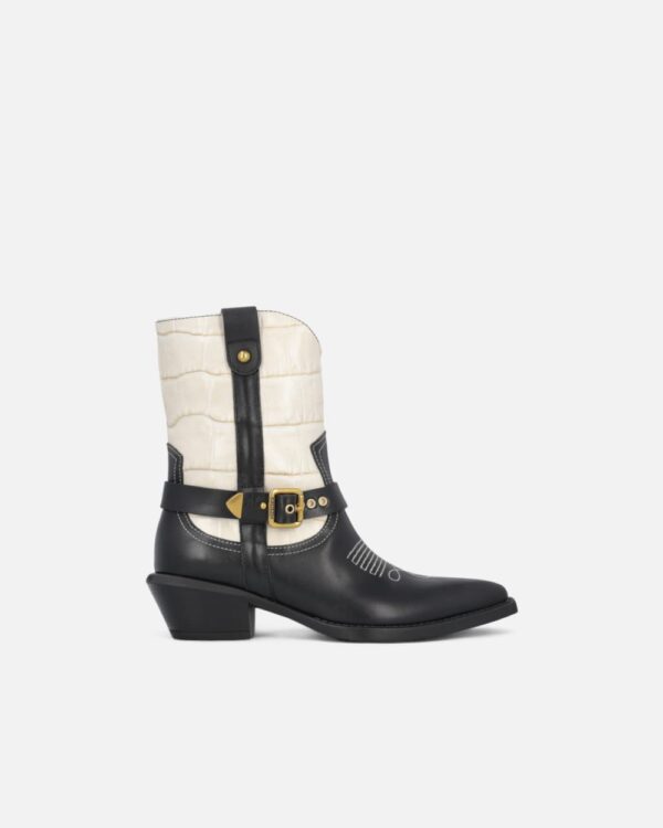 Two-tone Texan-style leather ankle boots nero e bianco