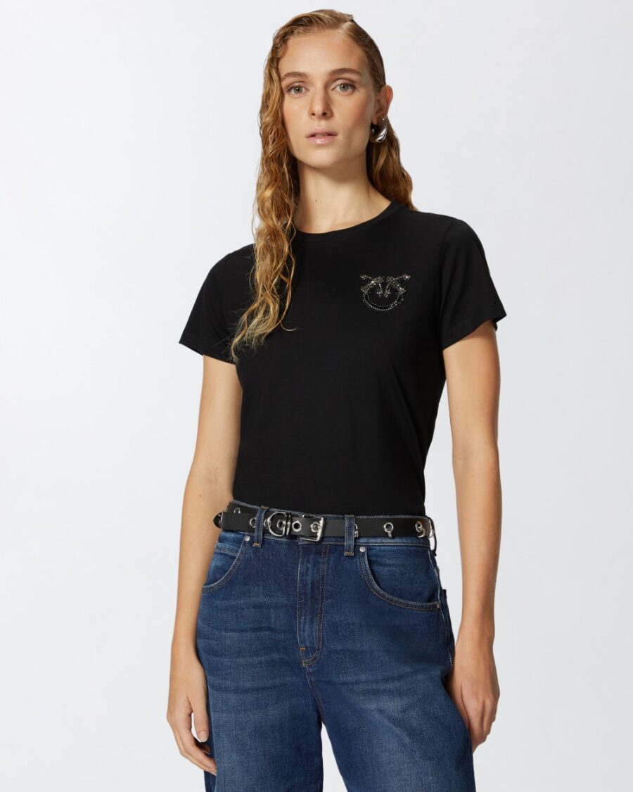 T-shirt maniche corte con ricamo gioiello Love Birds nero limousine