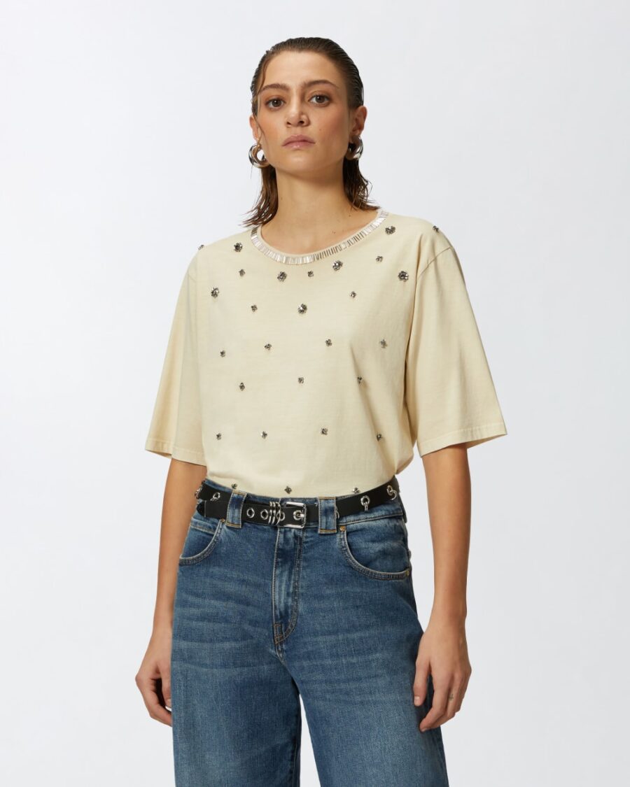 T-shirt mezze maniche con ricami gioiello beige nebbia