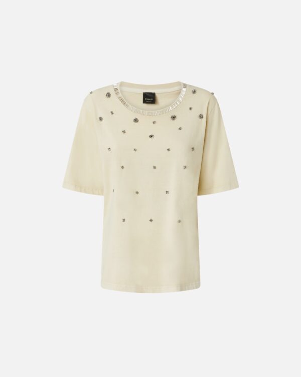 T-shirt mezze maniche con ricami gioiello beige nebbia