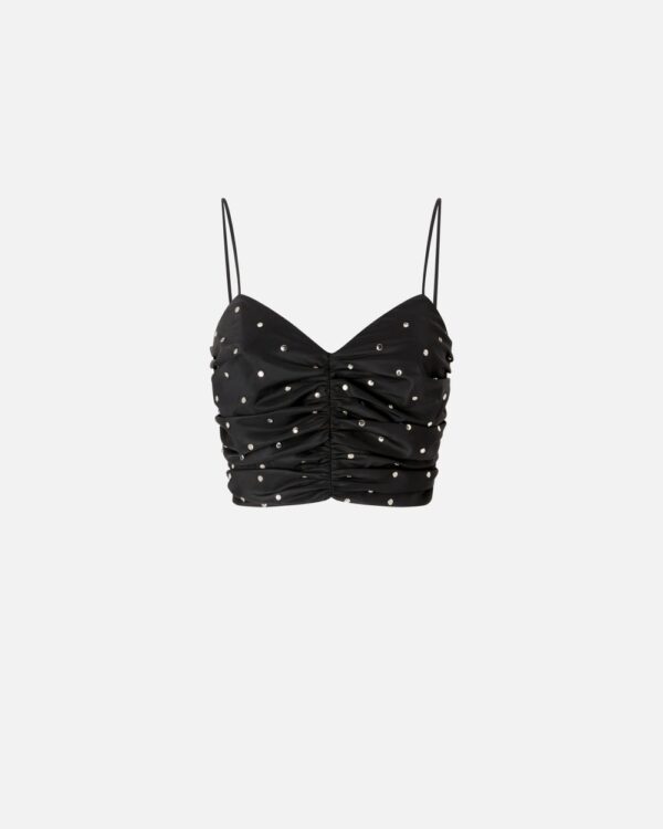 Top arricciato con borchie e strass nero limousine