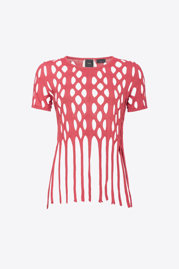 Top effetto rete con frange rosa tinta