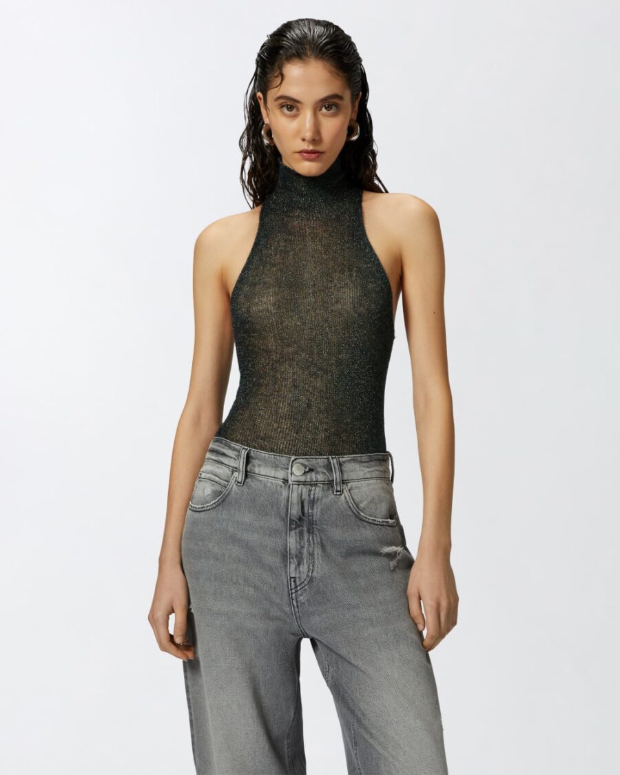 Top in mohair con collo alto lurex nero e lurex e verde