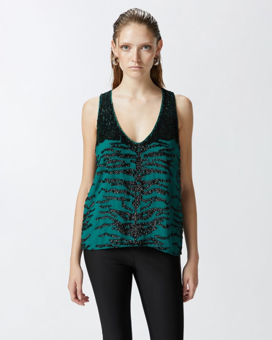 Top paillettes ricamo zebra verde e nero