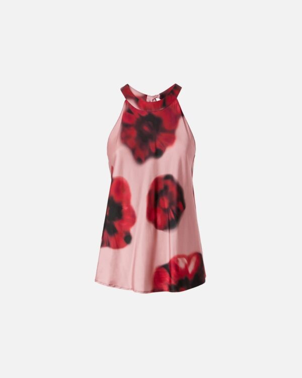 Top senza maniche in satin stampa fiori rosa e rosso