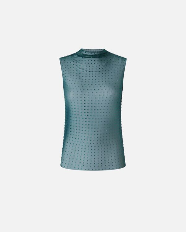 Top senza maniche in tulle con strass verde bottiglia scuro