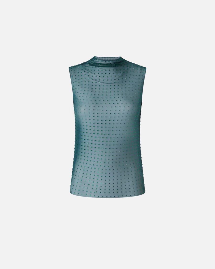 Top senza maniche in tulle con strass verde bottiglia scuro